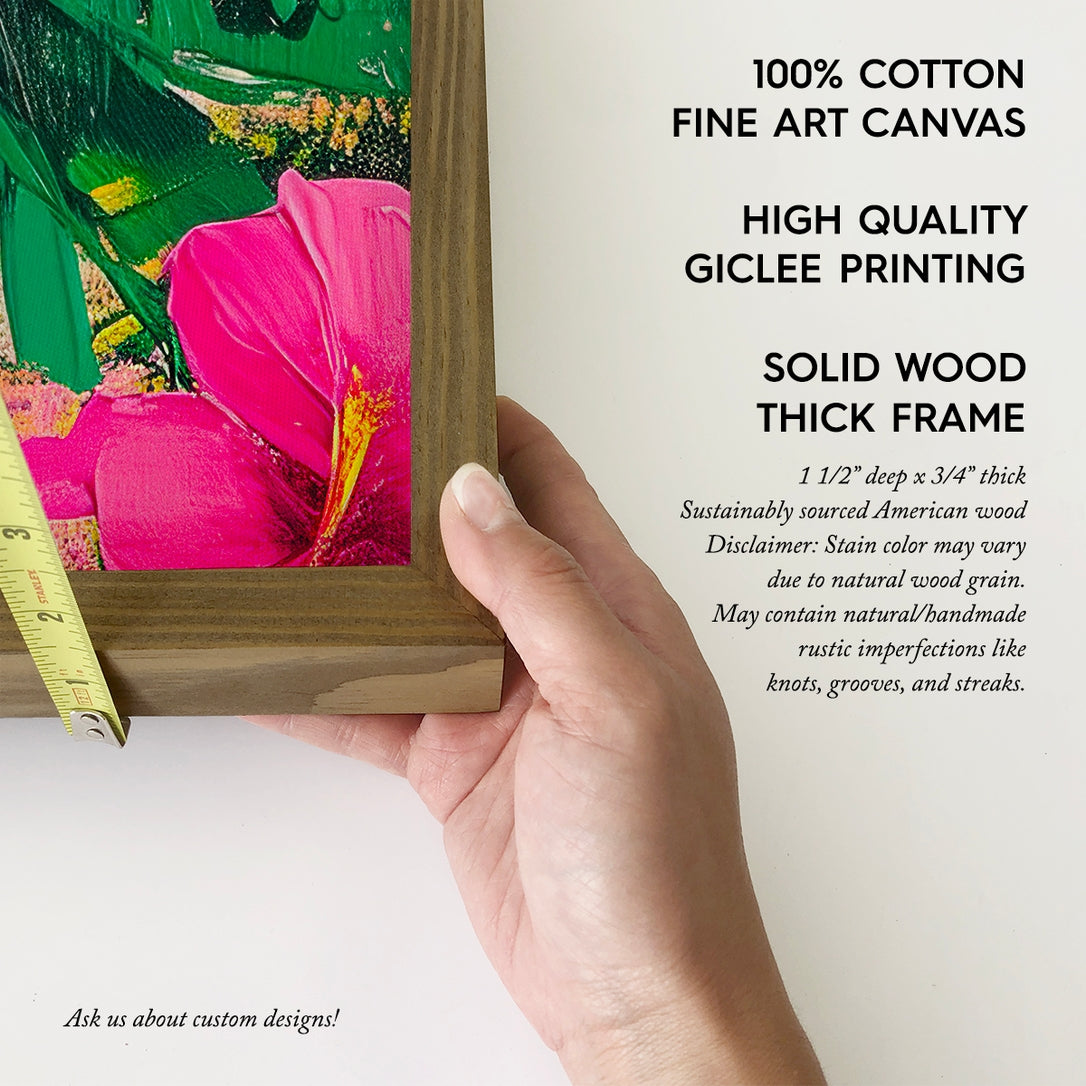 Hibiscus and Monstera - Flower Canvas Art - Wood Framed Art 12x18