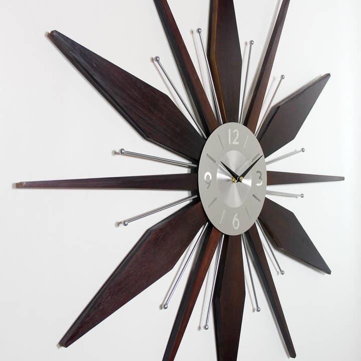 Walnut Color Starburst Retro Mid Century Modern Wall Clock