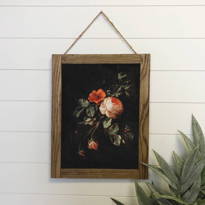 Vintage Distressed Rose Canvas Wood Sign Framed Wall Art Print 12x18
