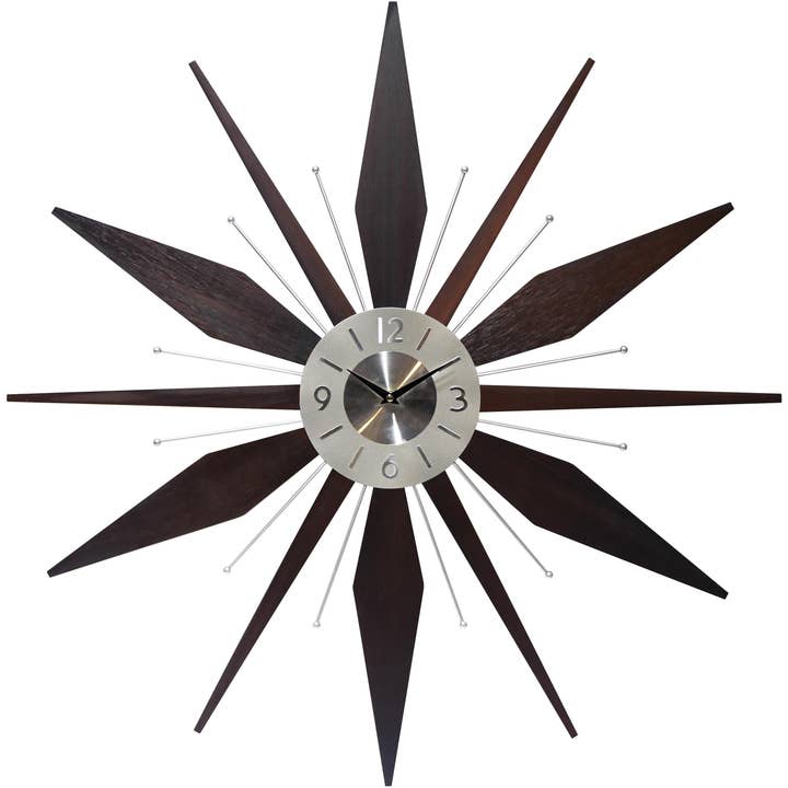 Walnut Color Starburst Retro Mid Century Modern Wall Clock