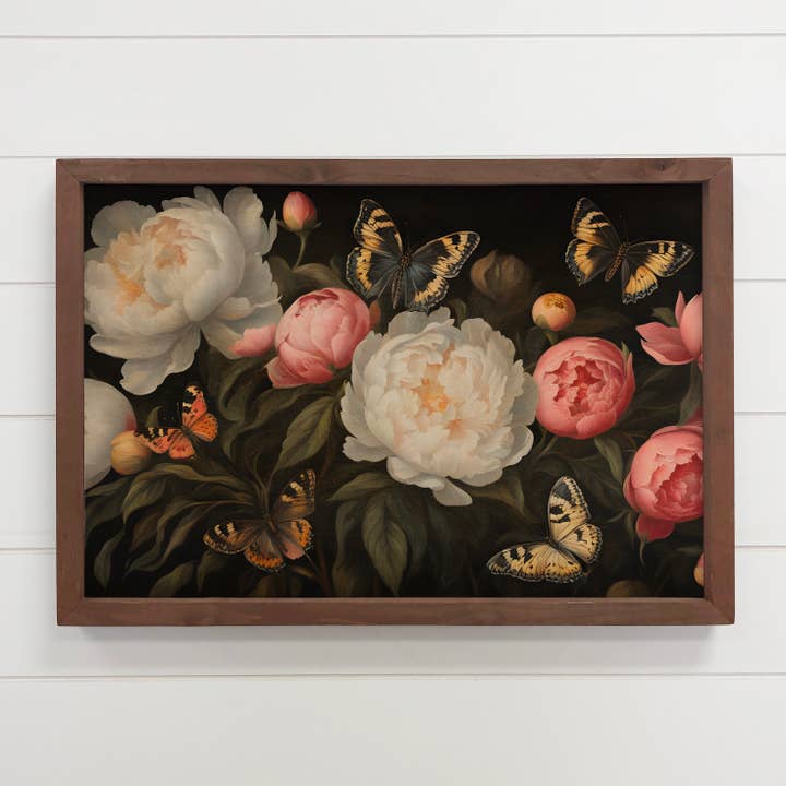 Peonies Butterfly - Nature Canvas Art - Wood Framed Florals 12x18