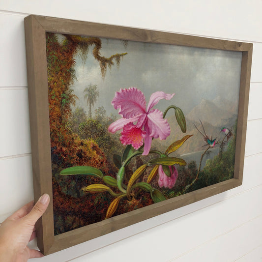 Orchids Hummingbirds - Bird Canvas Art - Wood Framed Decor 12x18