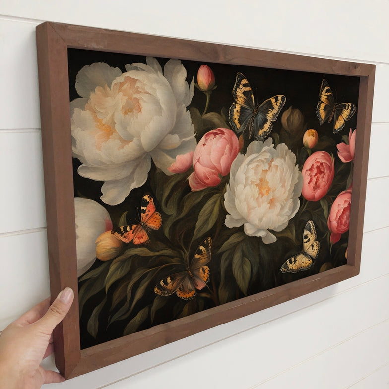 Peonies Butterfly - Nature Canvas Art - Wood Framed Florals 12x18