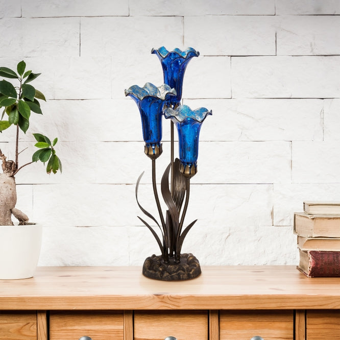 21" Blue Mercury Glass Table Lamp 3 Lily Focal Lamp