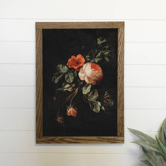 Vintage Distressed Rose Canvas Wood Sign Framed Wall Art Print 12x18