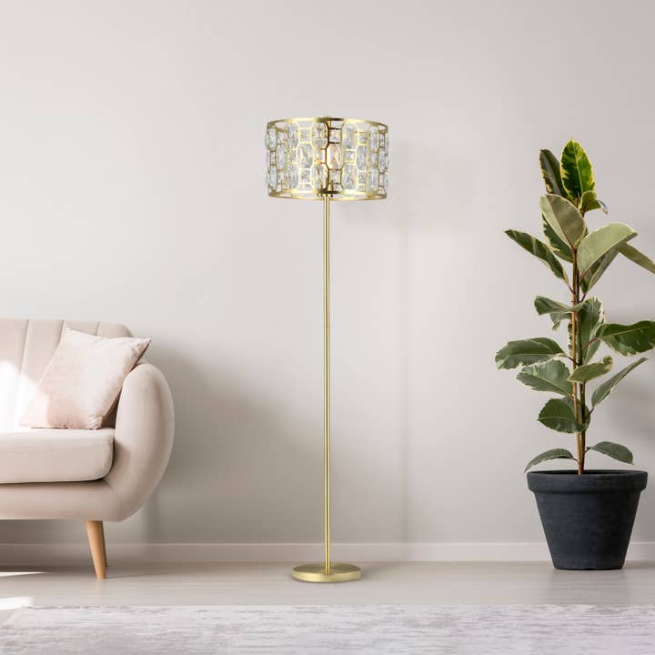 63"Glam Gold Metal & Faceted Crystal Drum Floor Lamp