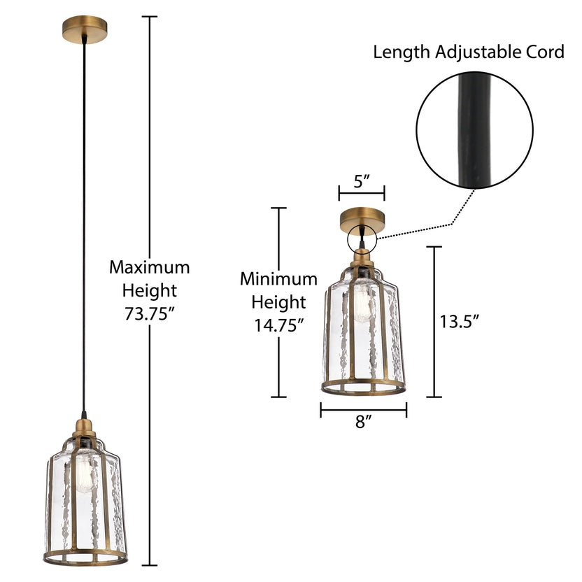 8" Brass-Colored Metal and Glass Hanging Pendant Lamp MCM