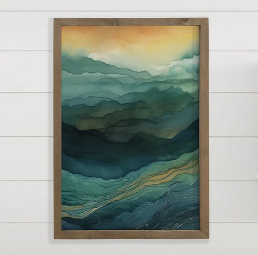 Ombre Blue Gold Mountains - Nature Mountain Canvas Art Framed