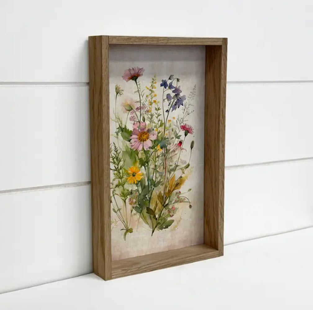 Gathered Wildflowers - Framed Flower Canvas Art - Farmhouse 12x18