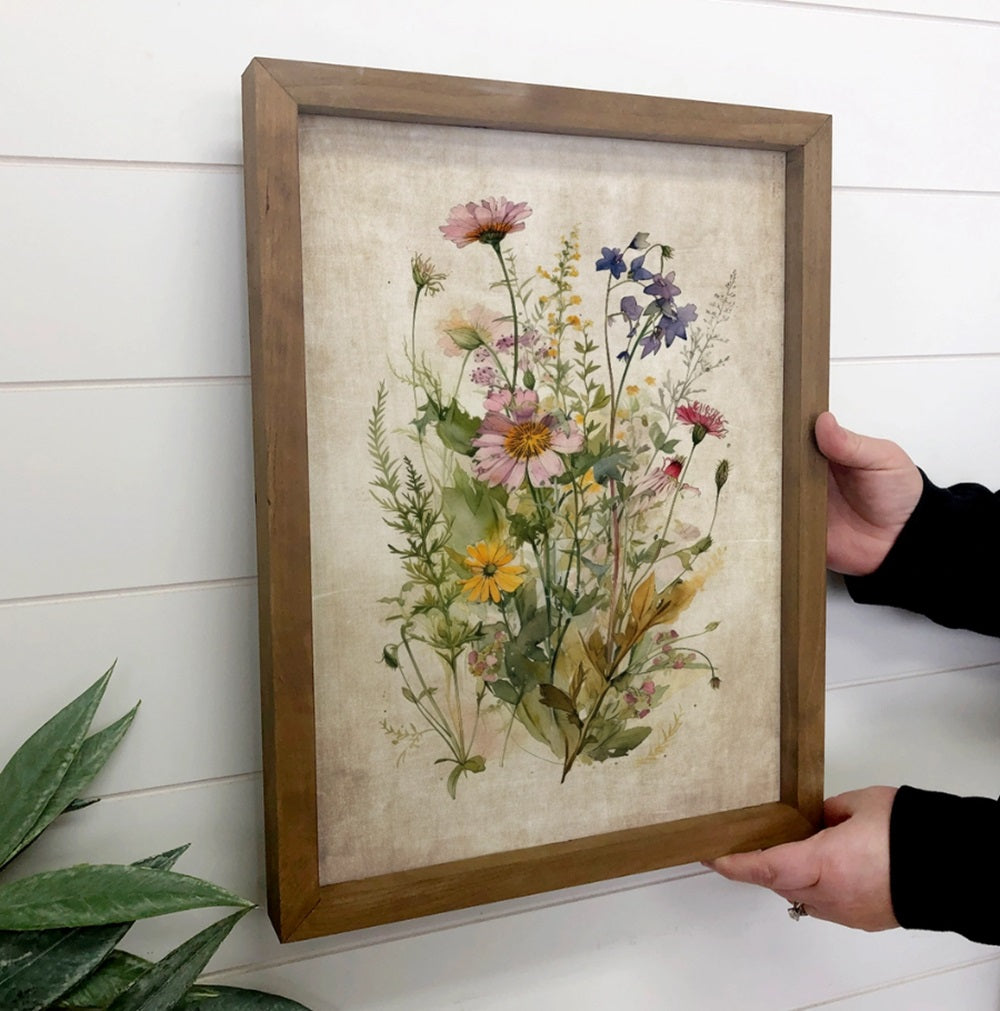 Gathered Wildflowers - Framed Flower Canvas Art - Farmhouse 12x18