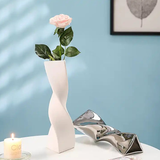 Unique Shape Tall Slender Modern White Triangle Twist Vase