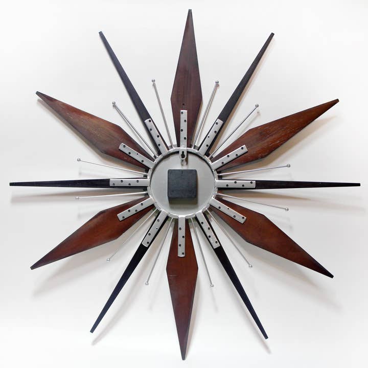 Walnut Color Starburst Retro Mid Century Modern Wall Clock