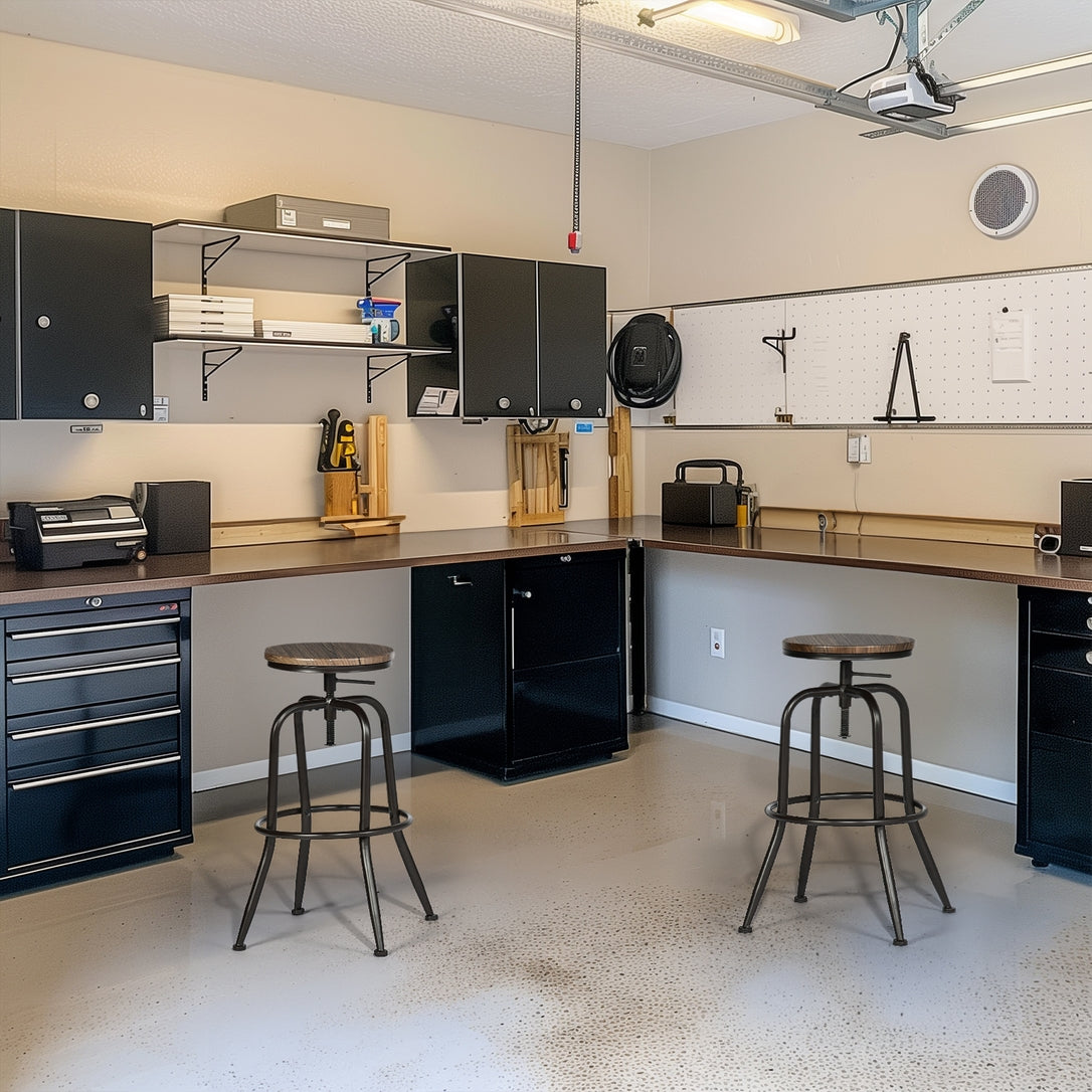 Industrial Height-Adjustable Barstool with Walnut Seat