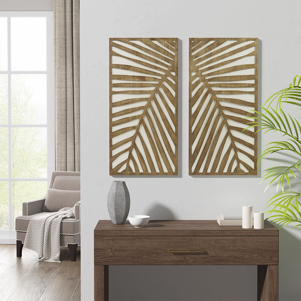 Carved Palm Leaves Tropical 2-Piece Wood Wall Art Home Decor
