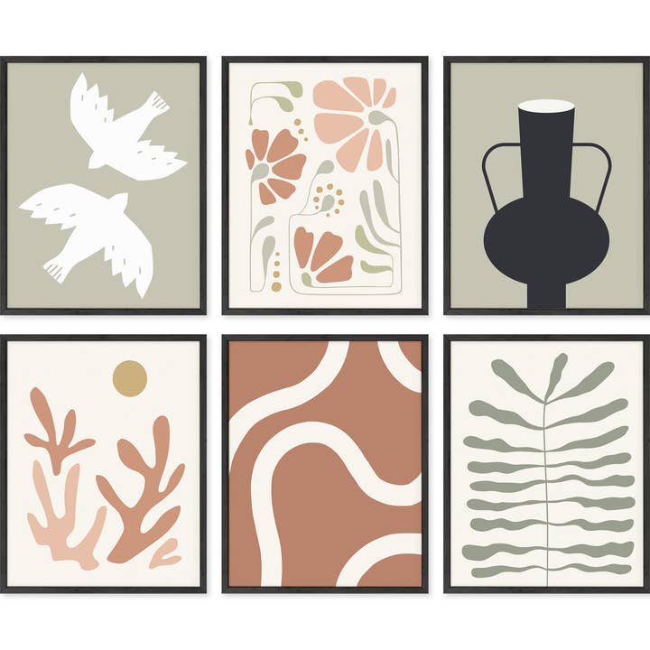 Coral and Olive Bohemian Set of 6 Wall Art Prints