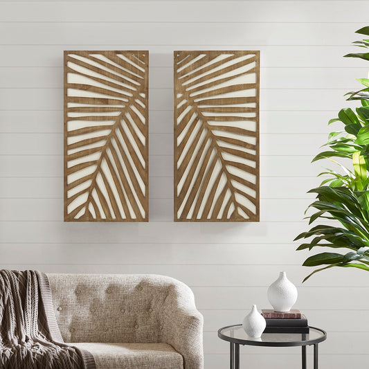 Carved Palm Leaves Tropical 2-Piece Wood Wall Art Home Decor