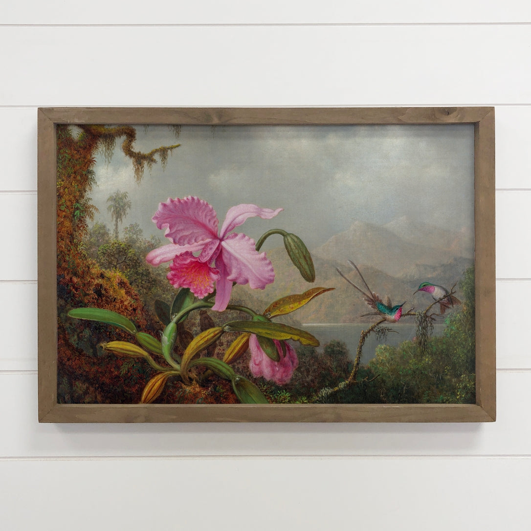 Orchids Hummingbirds - Bird Canvas Art - Wood Framed Decor 12x18