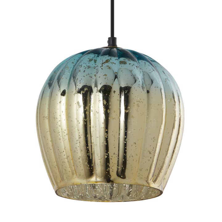 9" Wide Gold Pendant with Teal & Gold Ombre Mercury Glass Shade